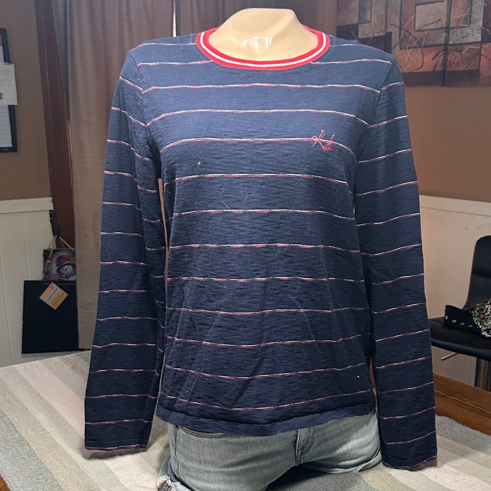 Rag & Bone Navy Long-Sleeve Crewneck Shirt with Thin Stripes - Cotton